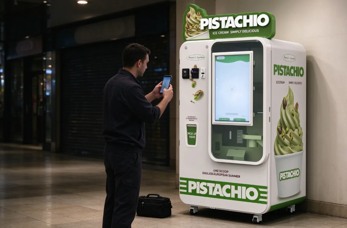 An operator filming a short fault video on a smartphone in front of a Huaxin B83 Max ice cream vending machine in a shopping mall after closing